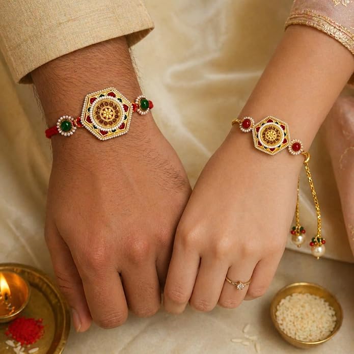 Royal Meenakari Bhaiya Bhabhi Rakhi Set with Adjustable Bracelet Style