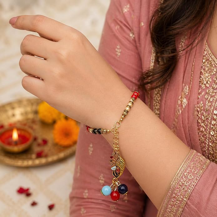 Vibrant Peacock Charm Bracelet-Style Lumba Rakhi