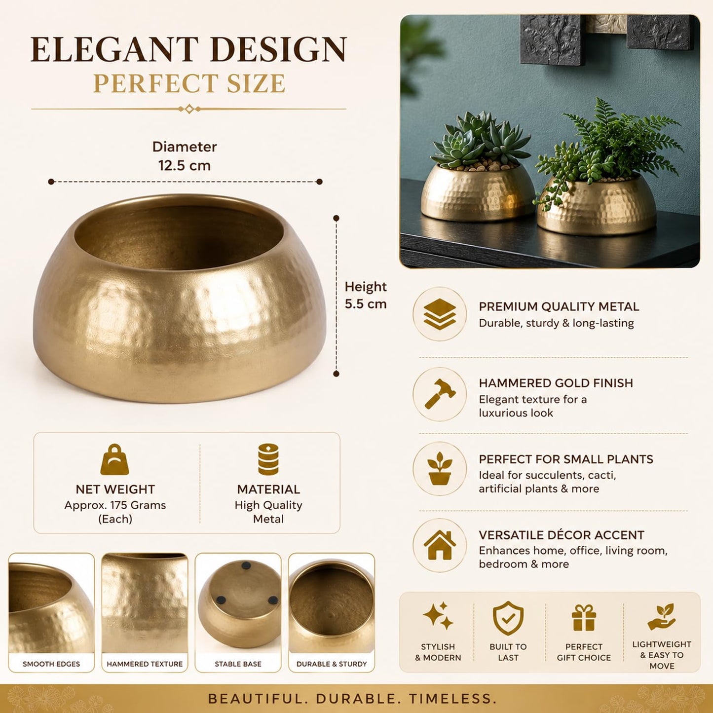 Modern Gold Finish Indoor Plant Pots Set of 2 | Decorative Metal Succulent Planters for Home & Office Decor