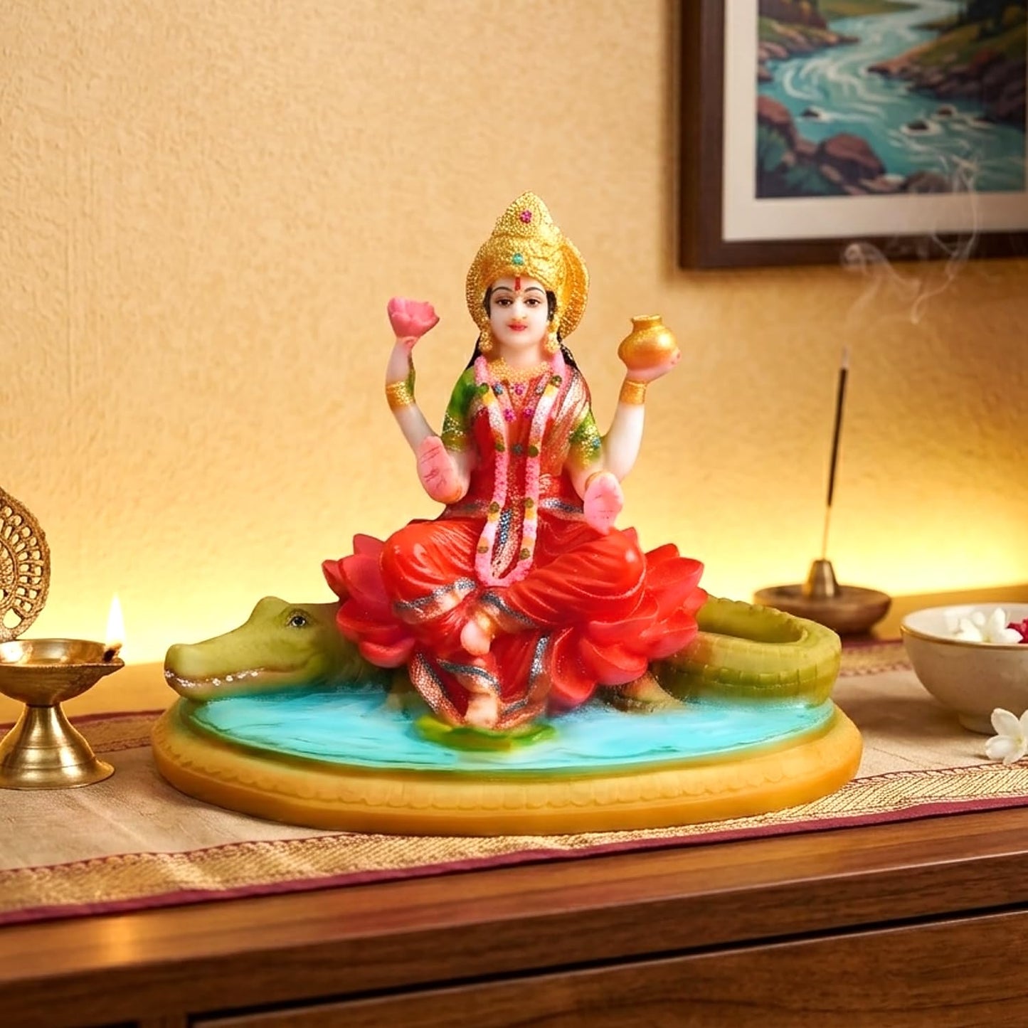 Divine Ganga Maa Idol Sitting on Crocodile with Lotus Base | Maa Ganga Murti for Home Temple & Pooja Decor By Upharkaro