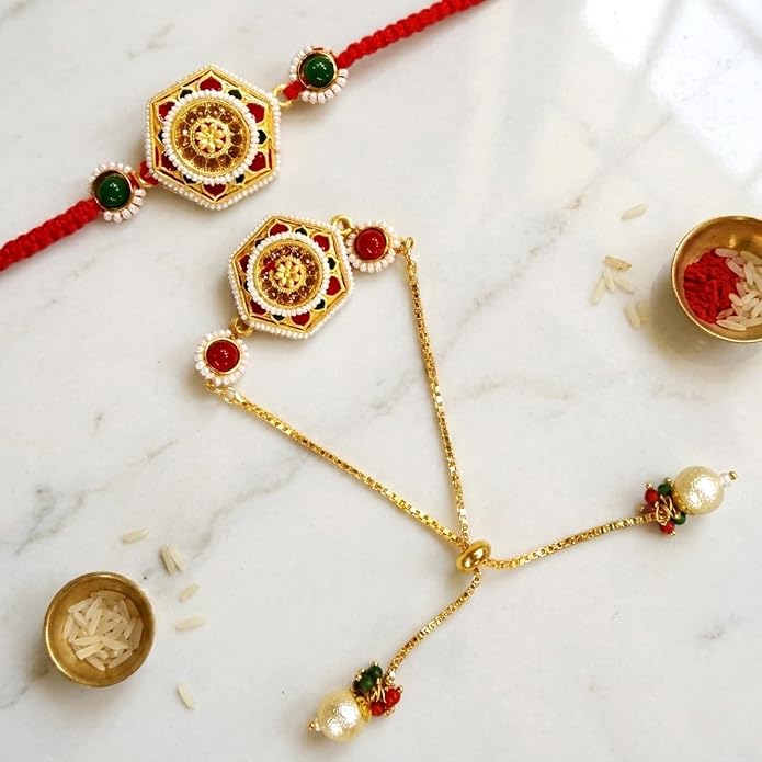 Royal Meenakari Bhaiya Bhabhi Rakhi Set with Adjustable Bracelet Style