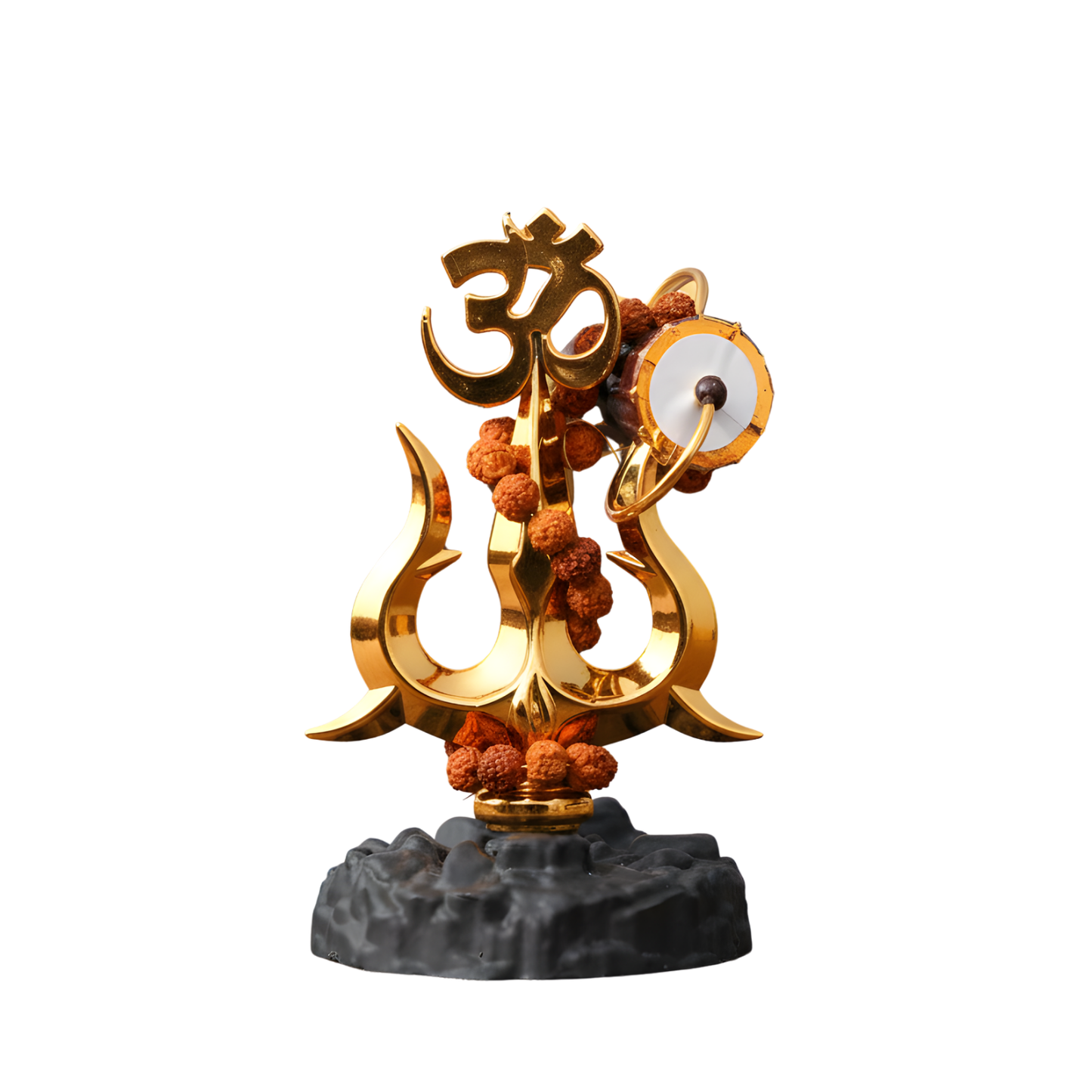 Decorative item with gold symbols and a drum on a white background