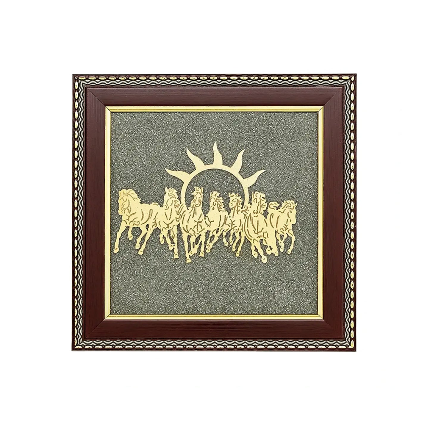 Upharkaro Golden 7 Horses with Sun Natural Raw Pyrite Frame for Vastu, Wealth, Prosperity, Success & Positive Energy | Wall Hanging Decor for Home & Office (7.5 x 7.5 Inch)