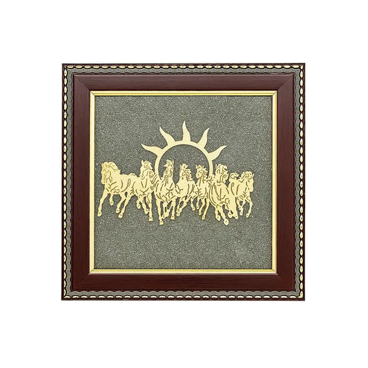Upharkaro Golden 7 Horses with Sun Natural Raw Pyrite Frame for Vastu, Wealth, Prosperity, Success & Positive Energy | Wall Hanging Decor for Home & Office (7.5 x 7.5 Inch)