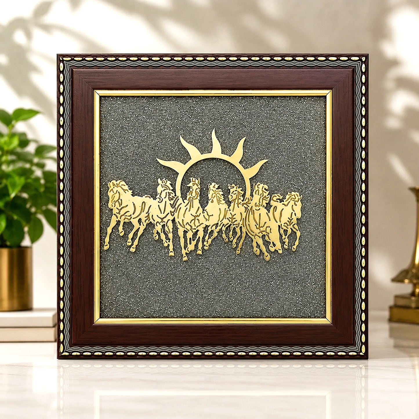 Upharkaro Golden 7 Horses with Sun Natural Raw Pyrite Frame for Vastu, Wealth, Prosperity, Success & Positive Energy | Wall Hanging Decor for Home & Office (7.5 x 7.5 Inch)