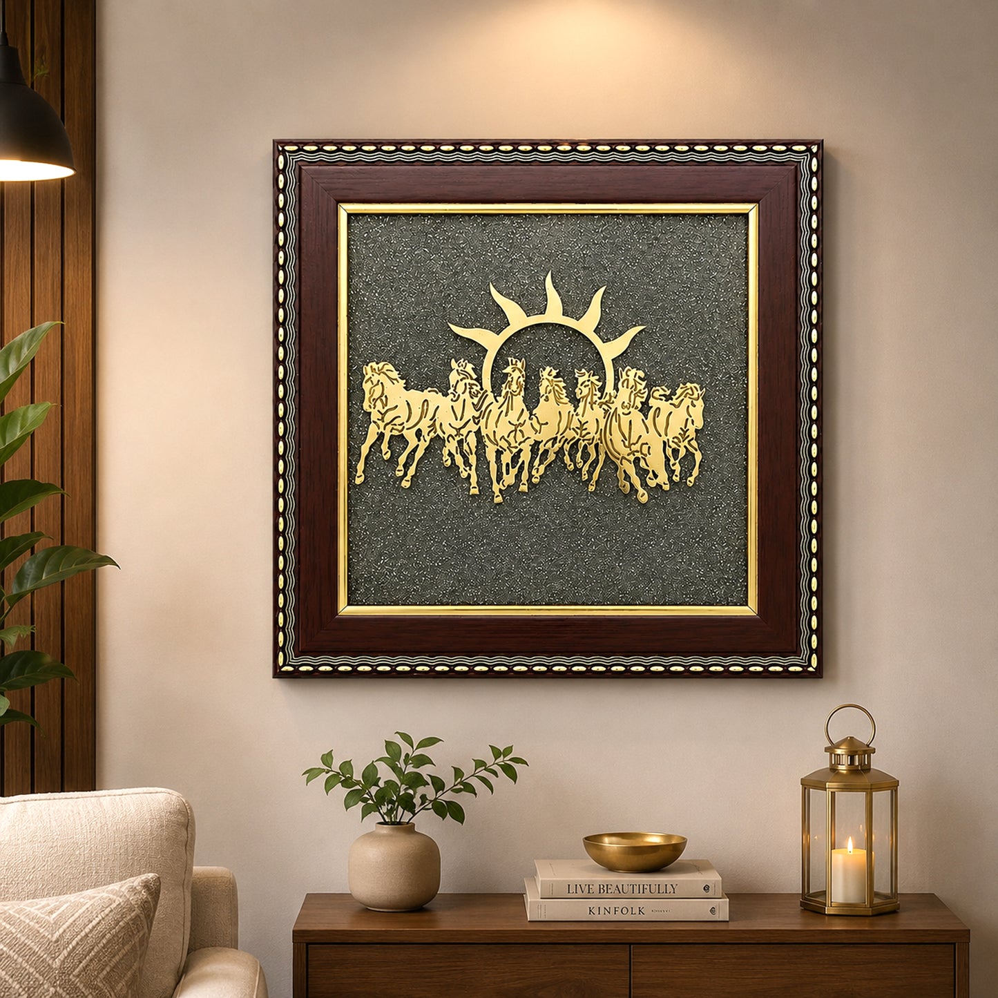 Upharkaro Golden 7 Horses with Sun Natural Raw Pyrite Frame for Vastu, Wealth, Prosperity, Success & Positive Energy | Wall Hanging Decor for Home & Office (7.5 x 7.5 Inch)