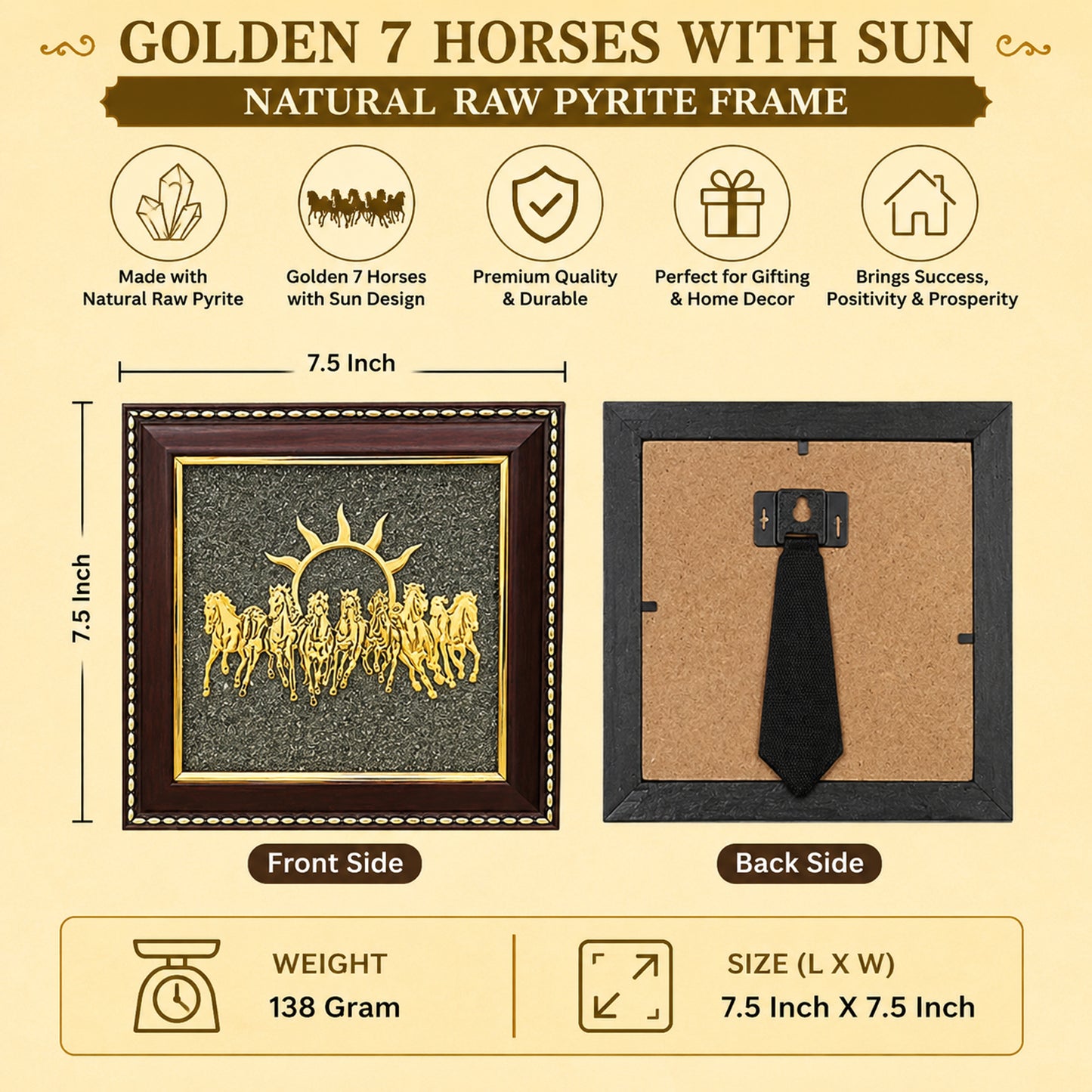 Upharkaro Golden 7 Horses with Sun Natural Raw Pyrite Frame for Vastu, Wealth, Prosperity, Success & Positive Energy | Wall Hanging Decor for Home & Office (7.5 x 7.5 Inch)