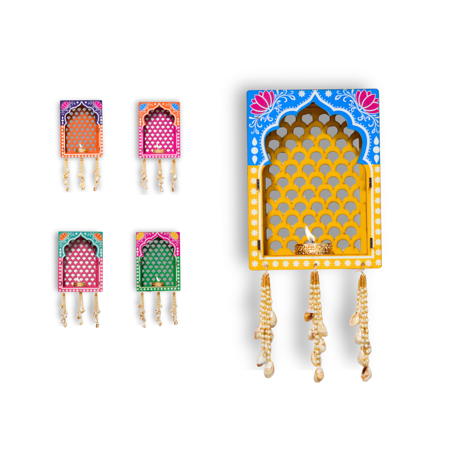 Set of decorative wall hooks with colorful arch designs on a white background