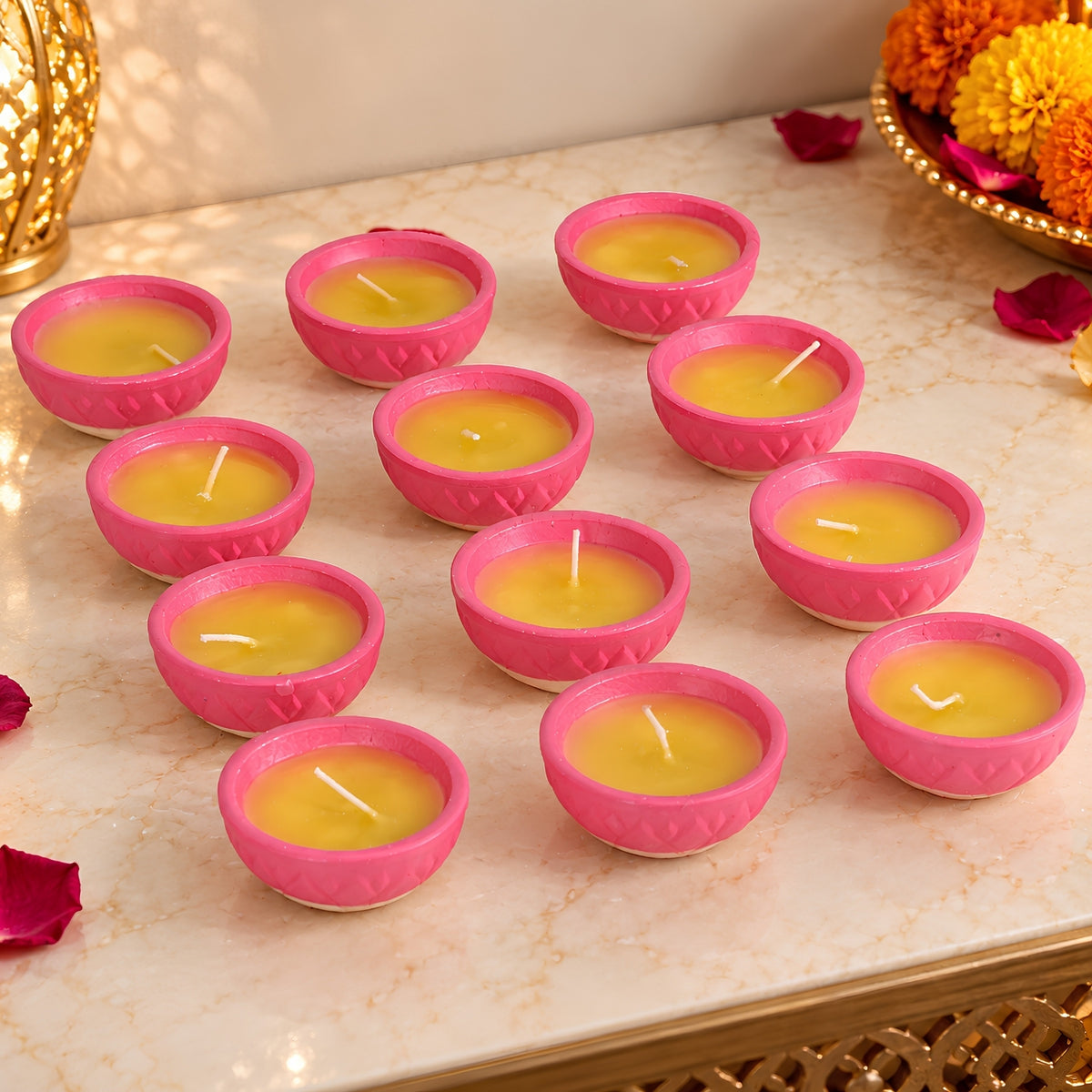 Decorative Ghee-Effect Wax Fancy Clay Diya – 12 Pc Set Box, Handcrafted Traditional Clay Diyas for Diwali, Pooja, Home Decor & Festive Gifting