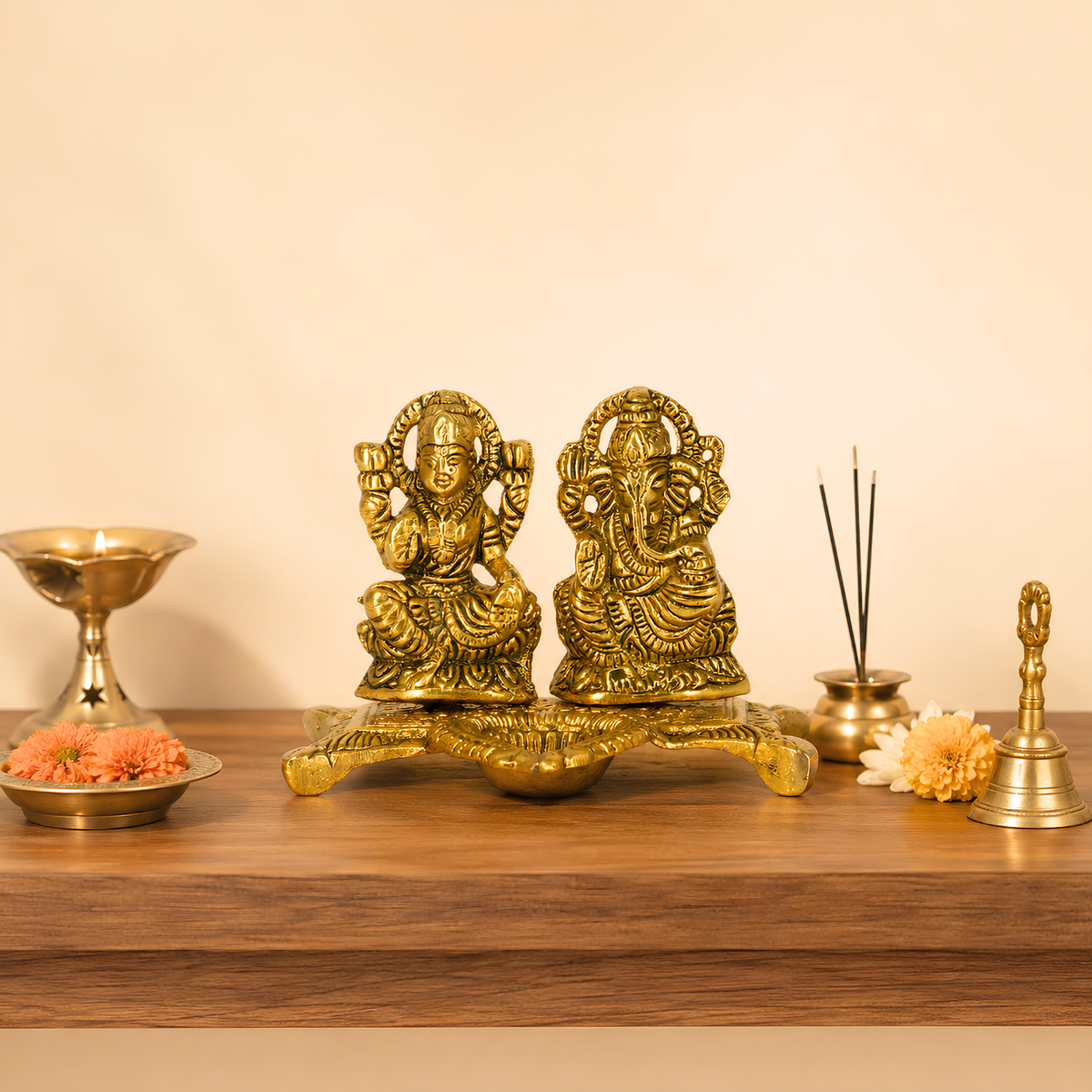 Golden Metal Lakshmi Ganesha Diya | Decorative Pooja Idol by Upharkaro