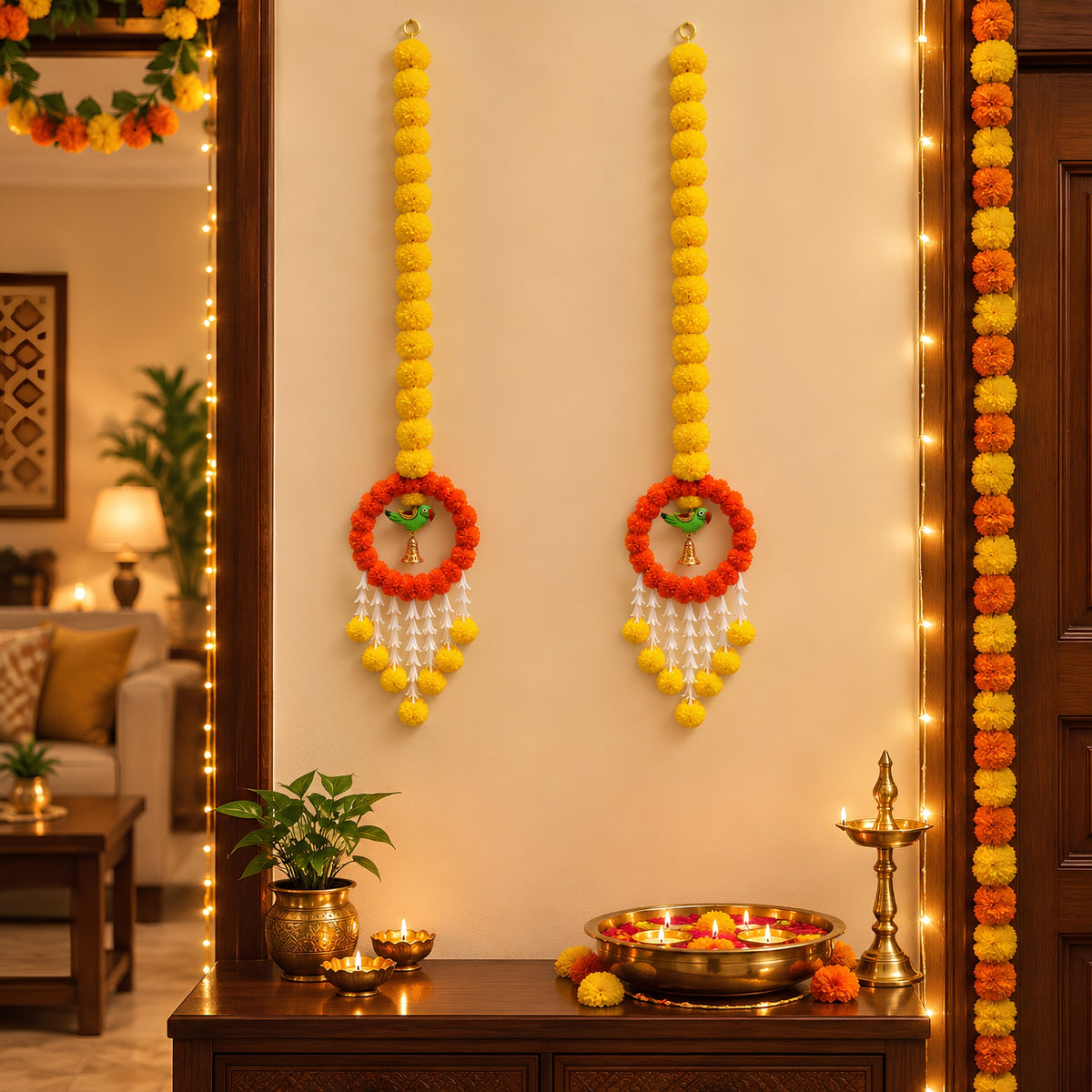 Upharkaro Decorative Marigold Flower Hanging Latkan with Parrot Design – 6 Feet, Set of 2 | Orange & Yellow Traditional Door & Wall Hanging for Diwali, Wedding & Festive Decor