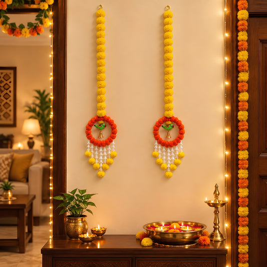 Upharkaro Decorative Marigold Flower Hanging Latkan with Parrot Design – 6 Feet, Set of 2 | Orange & Yellow Traditional Door & Wall Hanging for Diwali, Wedding & Festive Decor