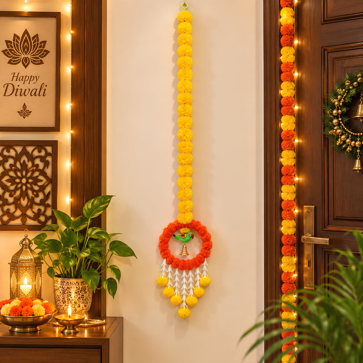 Upharkaro Decorative Marigold Flower Hanging Latkan with Parrot Design – 6 Feet, 1 Pc | Traditional Door & Wall Hanging for Diwali, Wedding & Festive Decor