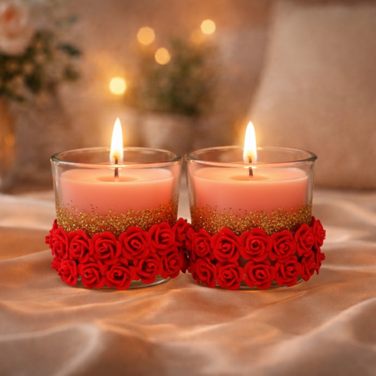 Upharkaro Decorative Shot Glass Candle Set with Rose Design | Aesthetic Glass Wax Candles for Home, Bedroom & Office (4 Hour Burn Time, Made in India)