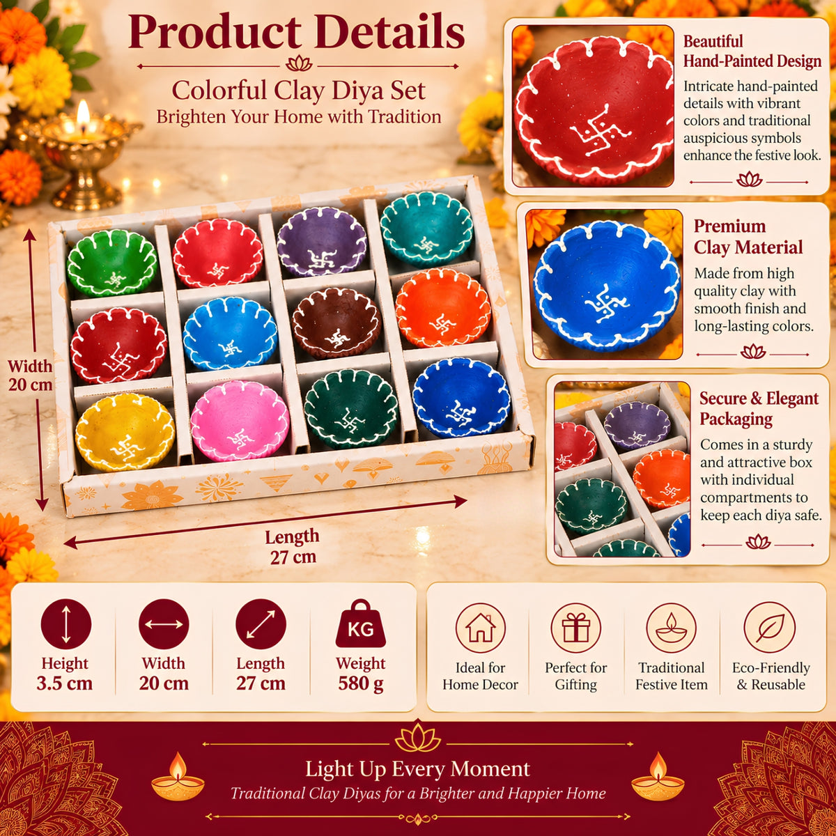 Hand-Painted Clay Fancy Swastik Diya Set of 12 – Decorative Traditional Diyas for Diwali, Pooja, Home Decor & Festive Gifting