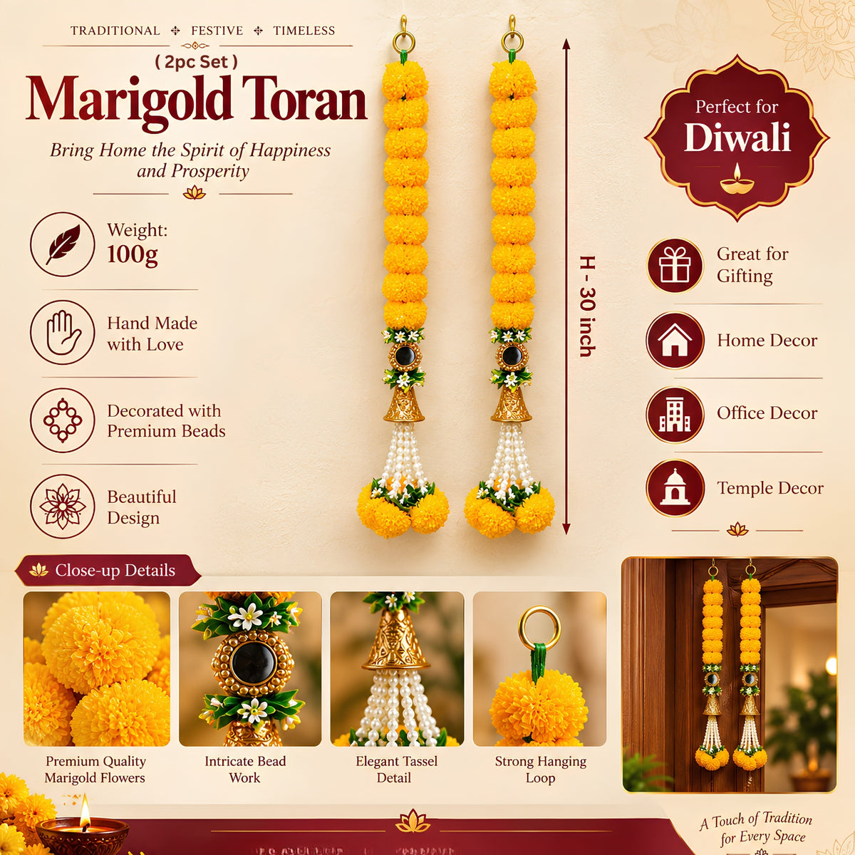 Upharkaro Marigold Flower Latkan for Door & Home Decor – 2 Pc Set | Handmade Decorative Hanging Toran with Beads & Tassels | Diwali, Festive & Pooja Decoration