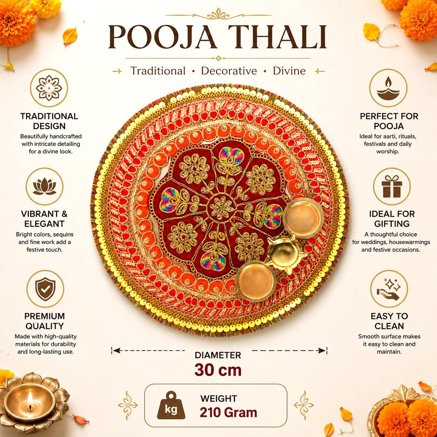 Traditional Red Velvet Decorative Pooja Thali 12 Inch with Golden Work Perfect for Festivals & Gifting By Upharkaro