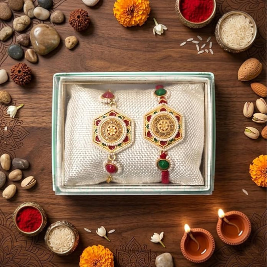 Royal Meenakari Bhaiya Bhabhi Rakhi Set with Adjustable Bracelet Style