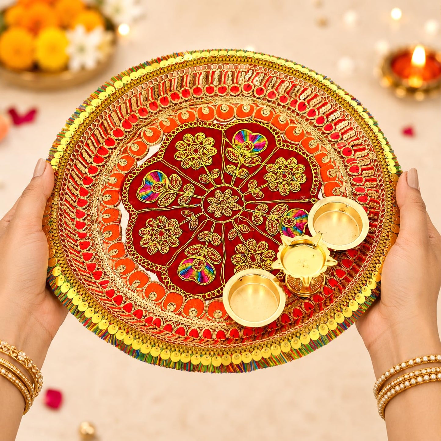 Traditional Red Velvet Decorative Pooja Thali 12 Inch with Golden Work Perfect for Festivals & Gifting By Upharkaro