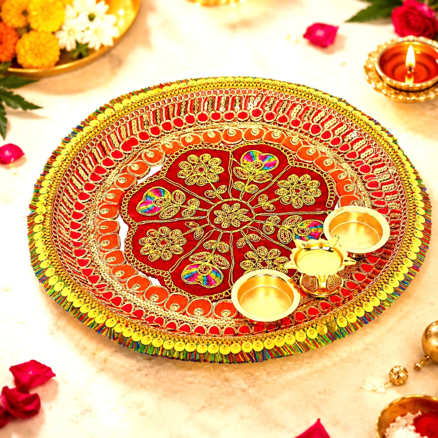 Traditional Red Velvet Decorative Pooja Thali 12 Inch with Golden Work Perfect for Festivals & Gifting By Upharkaro