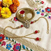 Peacock Charm Bracelet Style Lumba Rakhi with Red Beads for Bhabhi