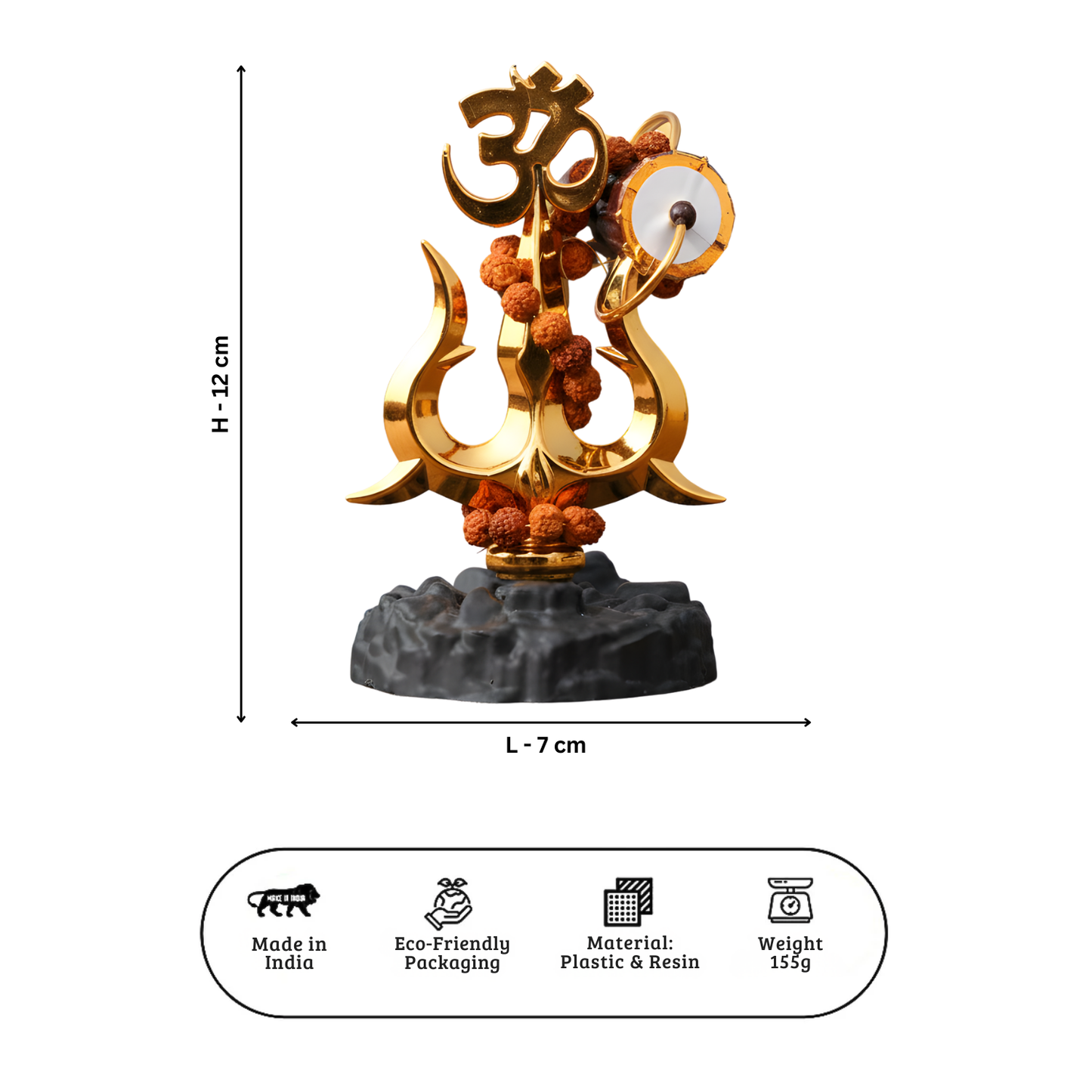 Upharkaro Gold Finish Om Trishul with Damroo & Rudraksha Mala – Divine Lord Shiva Idol for Home, Office & Car Dashboard By Upharkaro