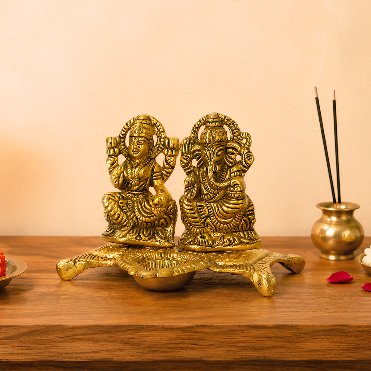 Golden Metal Lakshmi Ganesha Diya | Decorative Pooja Idol by Upharkaro