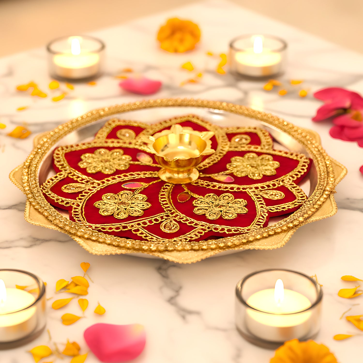 Decorative red and gold puja thali with a lit candle on a marble surface with candles and flowers.