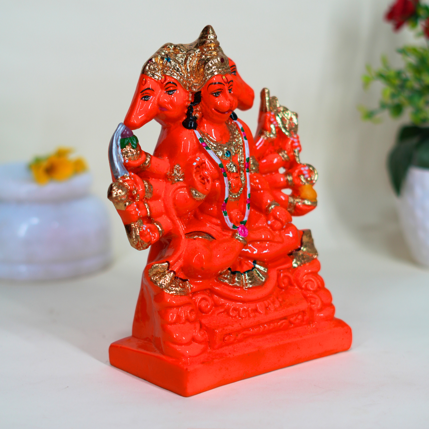 Upharkaro Divine Resin Panchmukhi Hanuman Idol for Home & Office | Powerful Protection Statue 9 inches (Red)