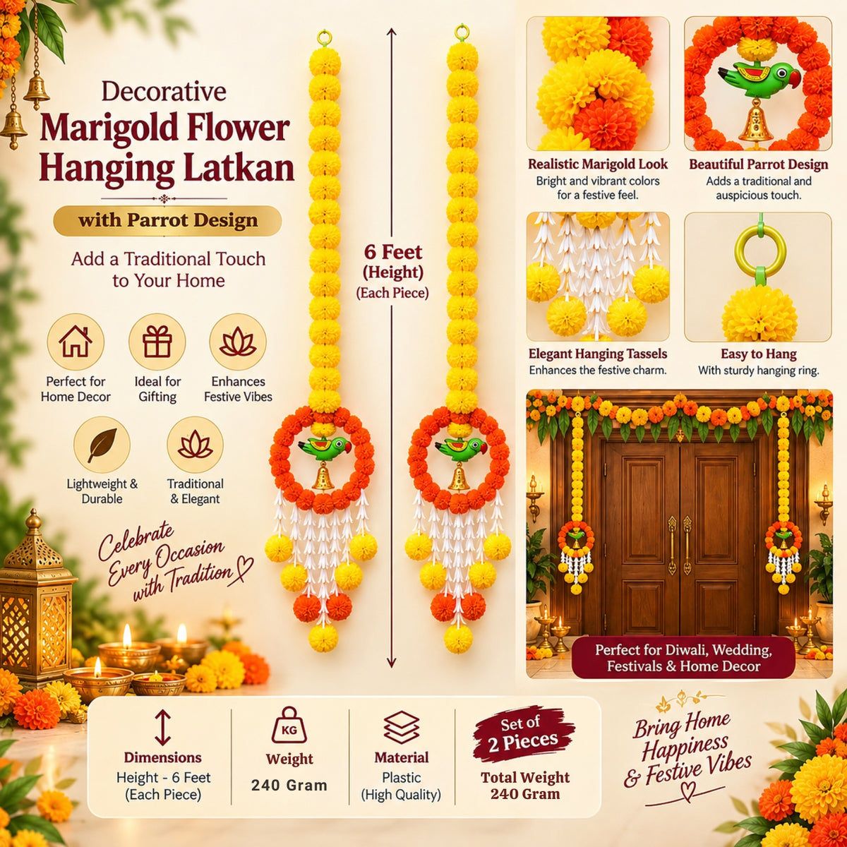Upharkaro Decorative Marigold Flower Hanging Latkan with Parrot Design – 6 Feet, Set of 2 | Orange & Yellow Traditional Door & Wall Hanging for Diwali, Wedding & Festive Decor