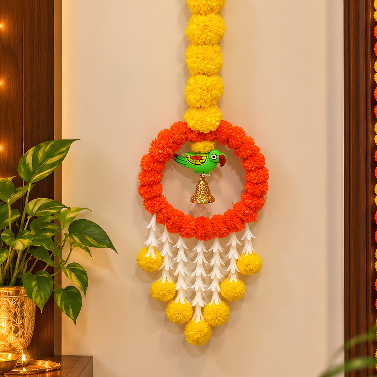 Upharkaro Decorative Marigold Flower Hanging Latkan with Parrot Design – 6 Feet, 1 Pc | Traditional Door & Wall Hanging for Diwali, Wedding & Festive Decor