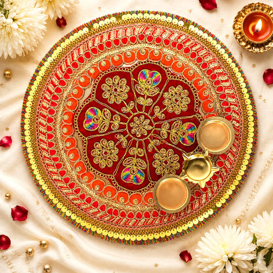 Traditional Red Velvet Decorative Pooja Thali 12 Inch with Golden Work Perfect for Festivals & Gifting By Upharkaro
