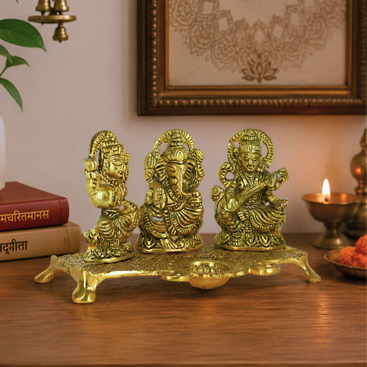 Golden Metal Laxmi Ganesha Saraswati Diya | Decorative Spiritual Idol for Home Temple & Gifting – By Upharkaro
