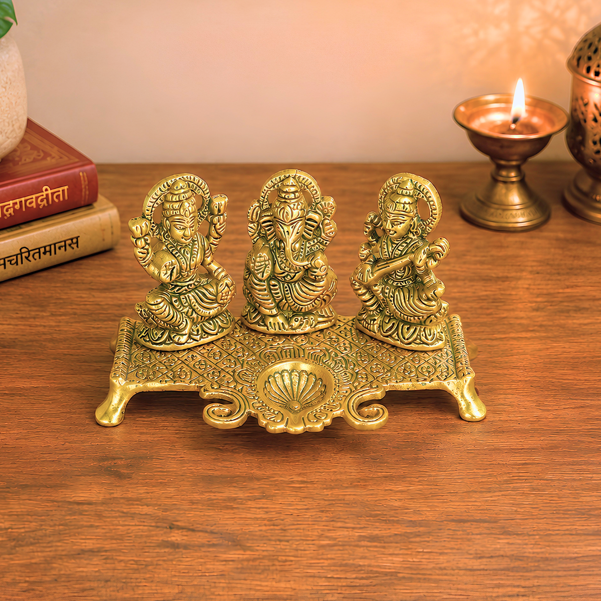 Golden Metal Laxmi Ganesha Saraswati Diya | Decorative Spiritual Idol for Home Temple & Gifting – By Upharkaro