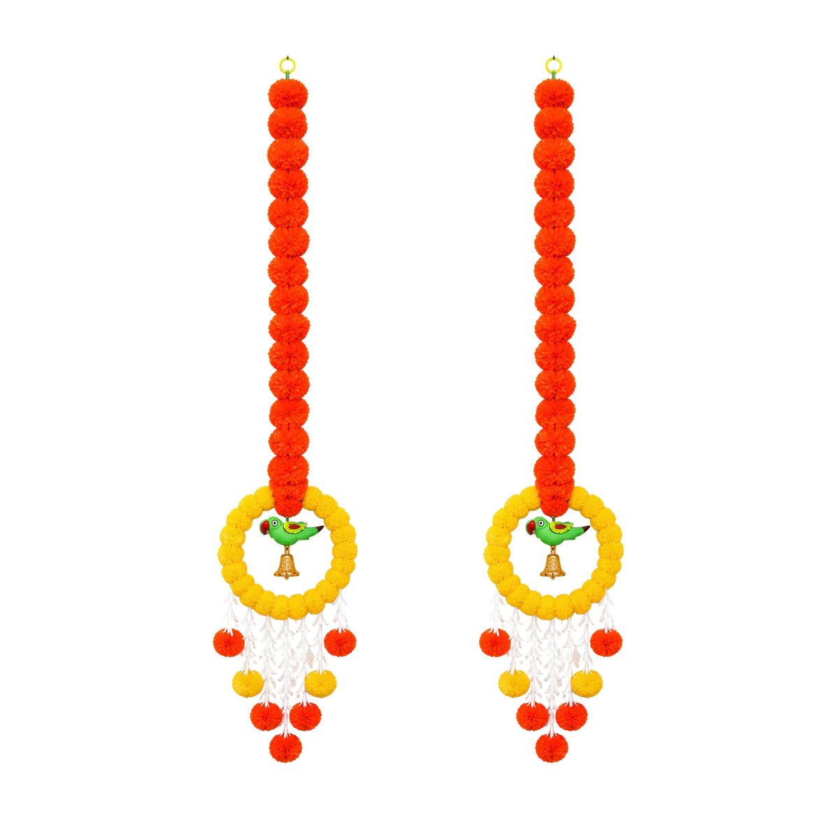 Upharkaro Decorative Marigold Flower Hanging Latkan with Parrot Design – 6 Feet, Set of 2 | Orange & Yellow Traditional Door & Wall Hanging for Diwali, Wedding & Festive Decor