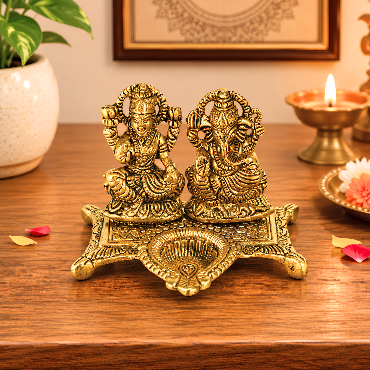 Golden Metal Lakshmi Ganesha Diya | Decorative Pooja Idol by Upharkaro