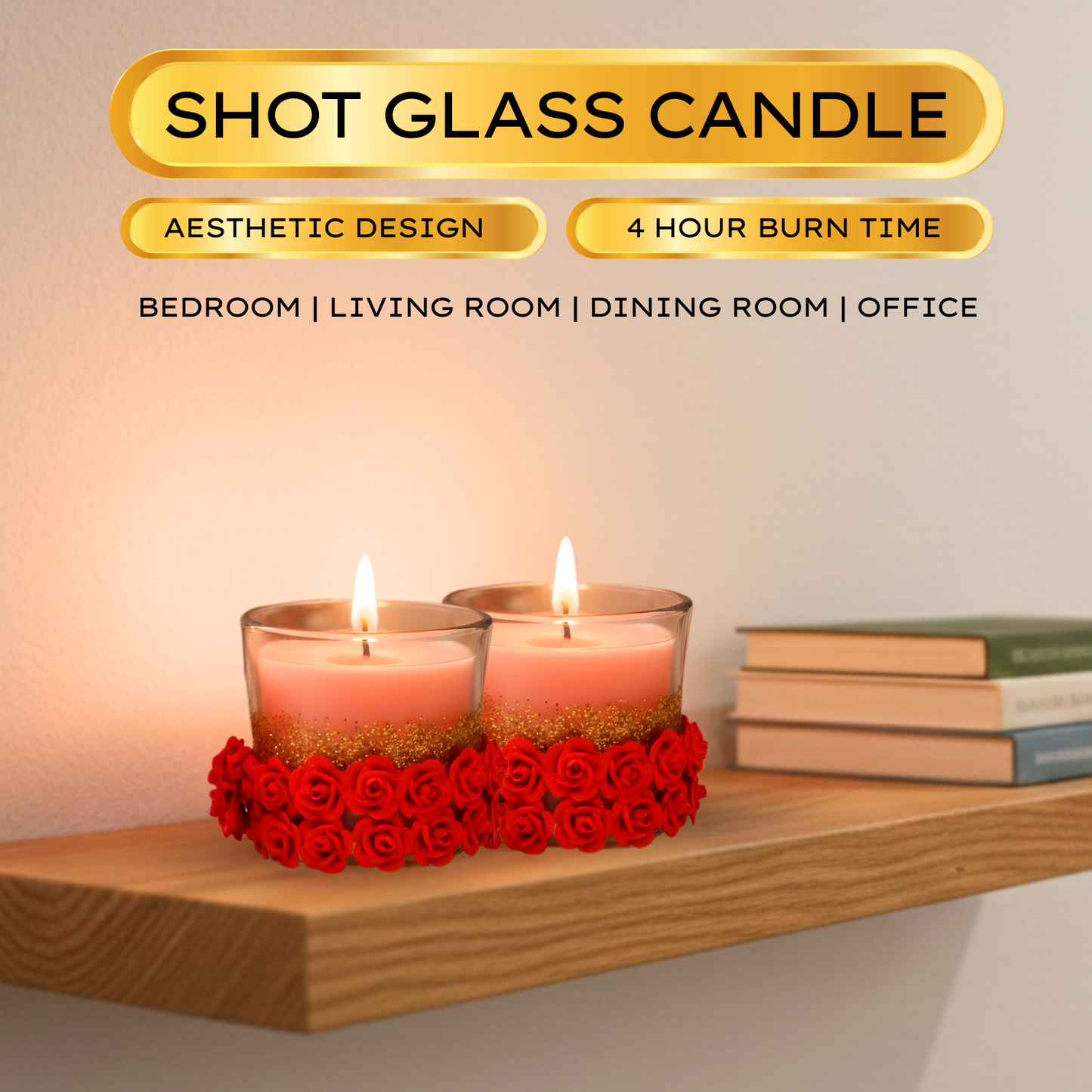 Upharkaro Decorative Shot Glass Candle Set with Rose Design | Aesthetic Glass Wax Candles for Home, Bedroom & Office (4 Hour Burn Time, Made in India)