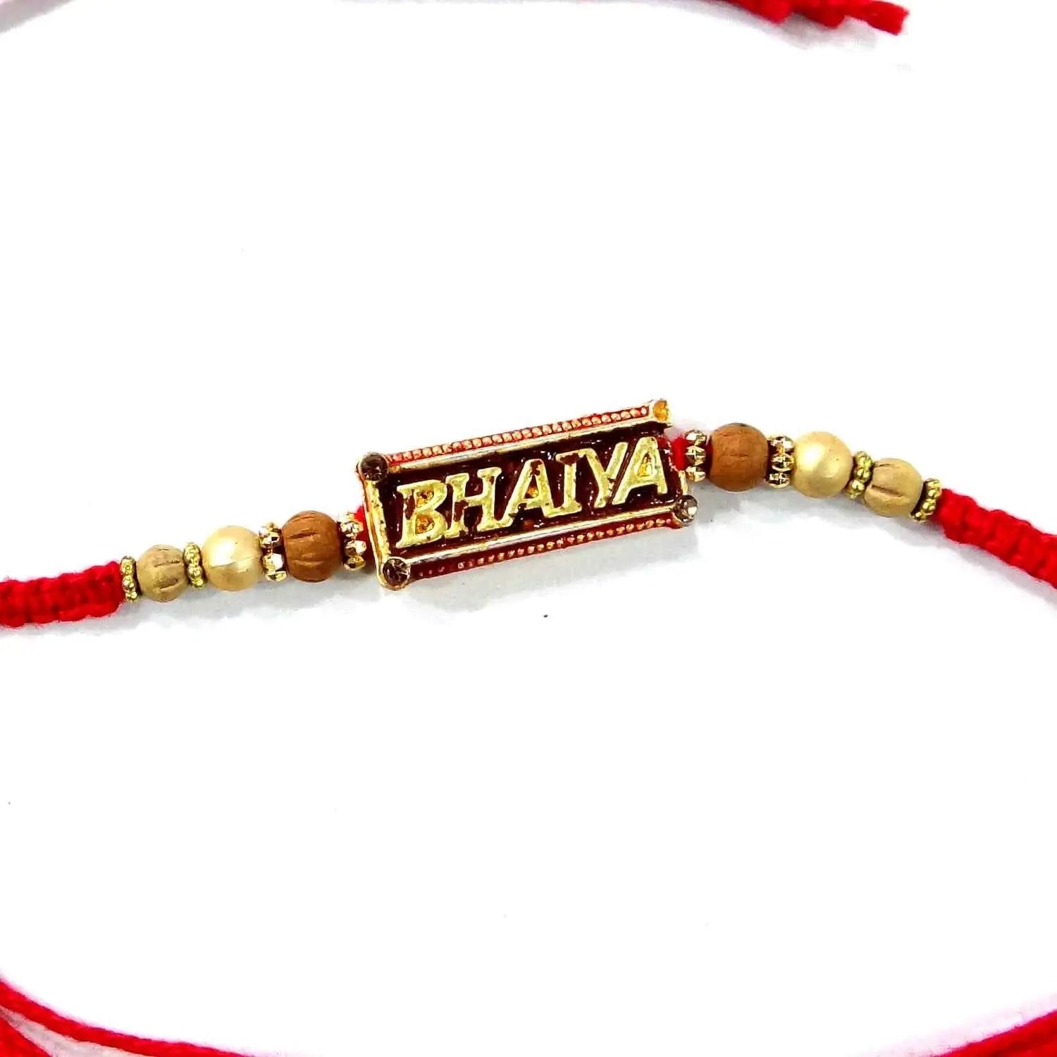 Bracelet with gold bar and 'Bhavya' engraving on a white background