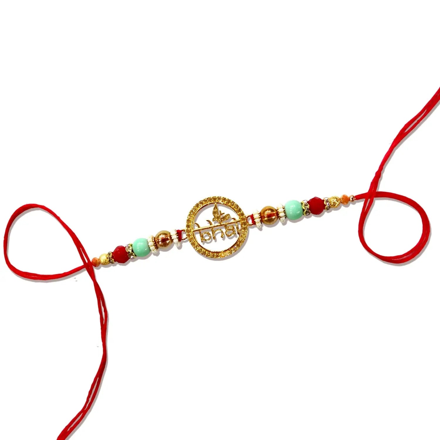 Decorative bracelet with red and gold elements on a white background