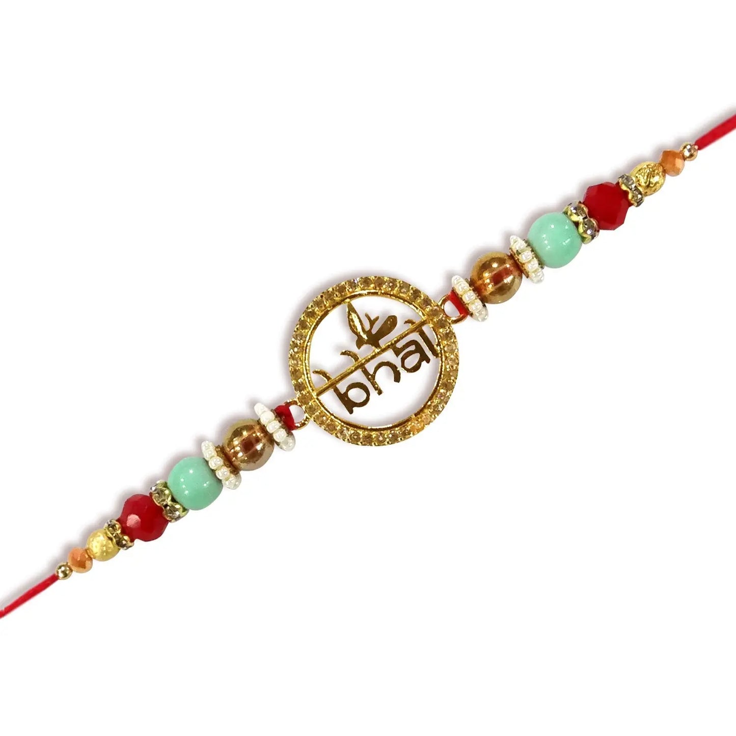 Decorative bracelet with beads and a circular emblem on a white background
