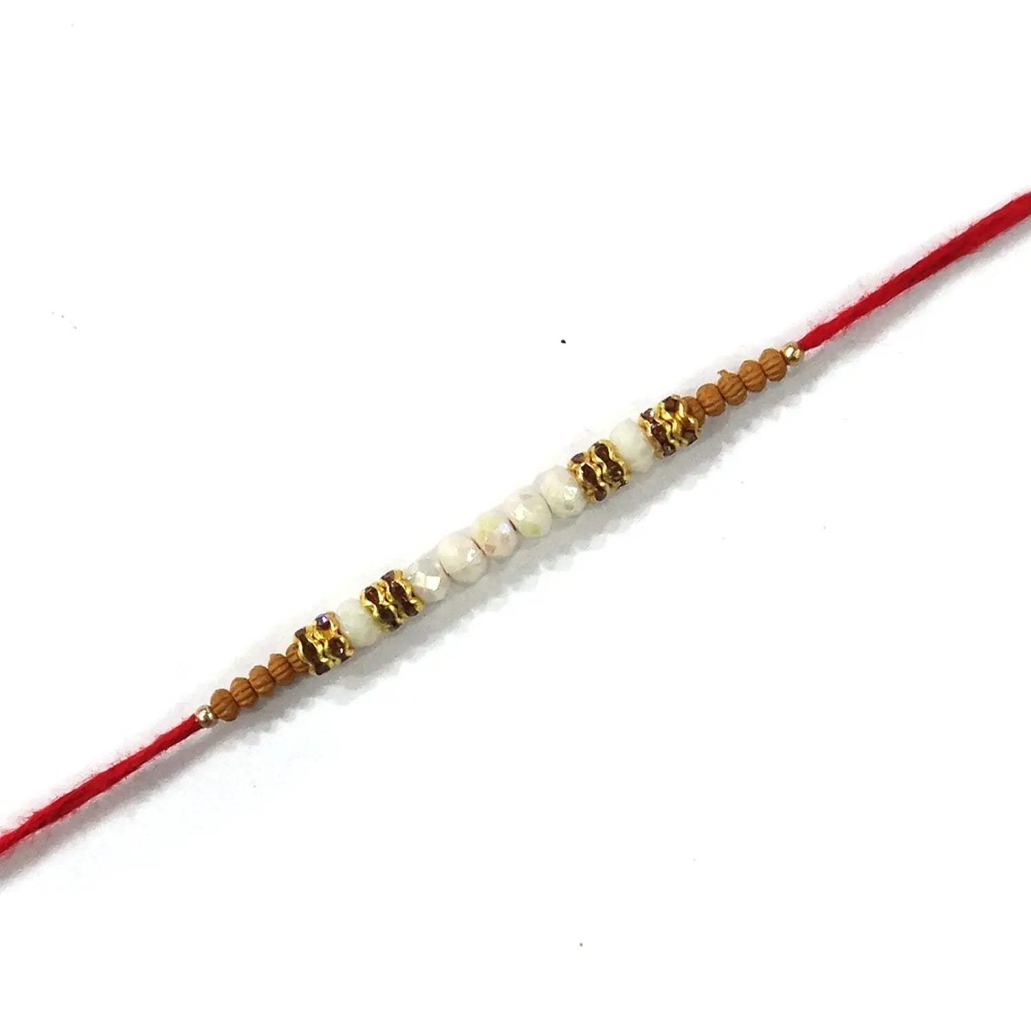Beaded string with red thread on a white background