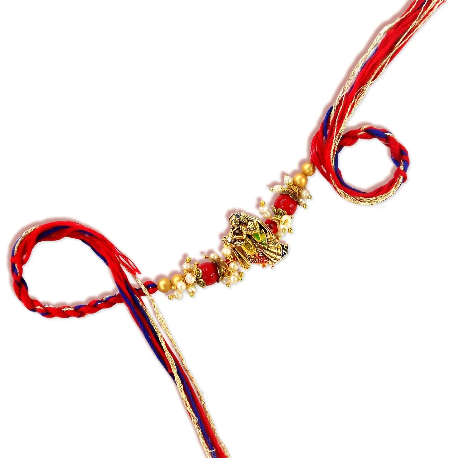 Decorative keychain with red and blue ribbons on a white background