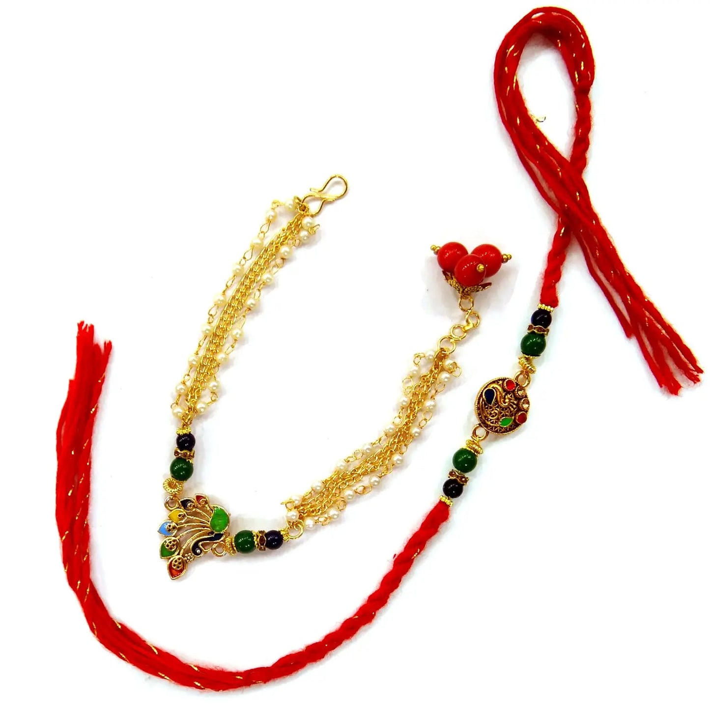 Decorative necklace with red tassels on a white background