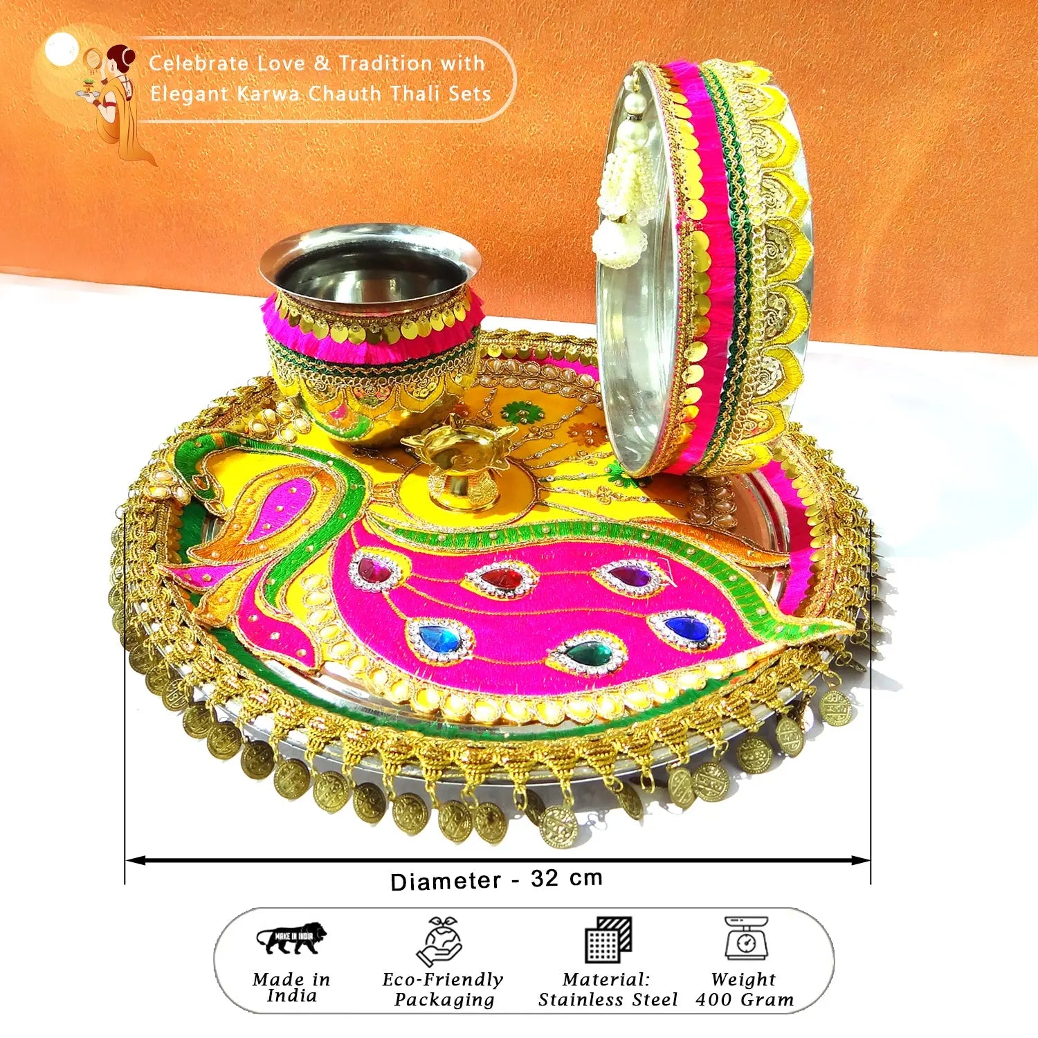 Decorative thali set with colorful bangles on an orange background