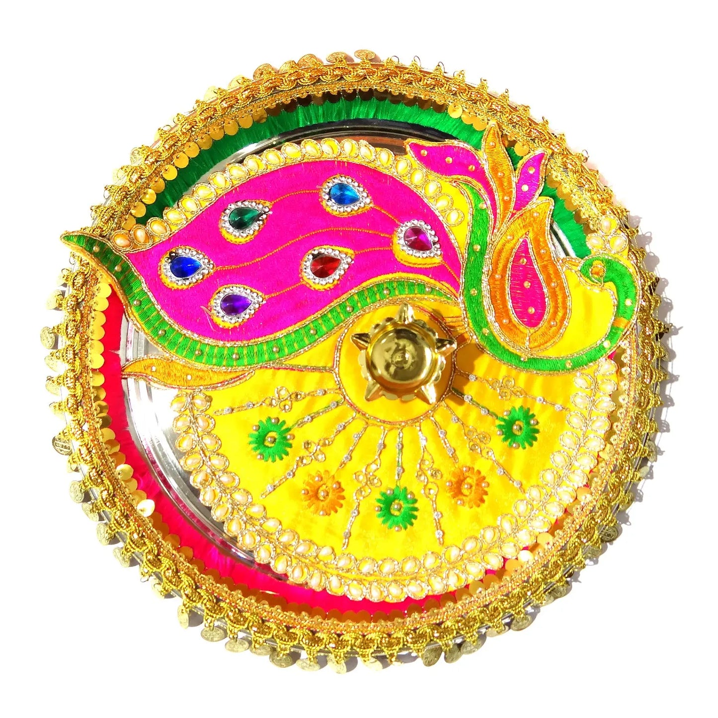 Decorative round item with colorful design on a white background