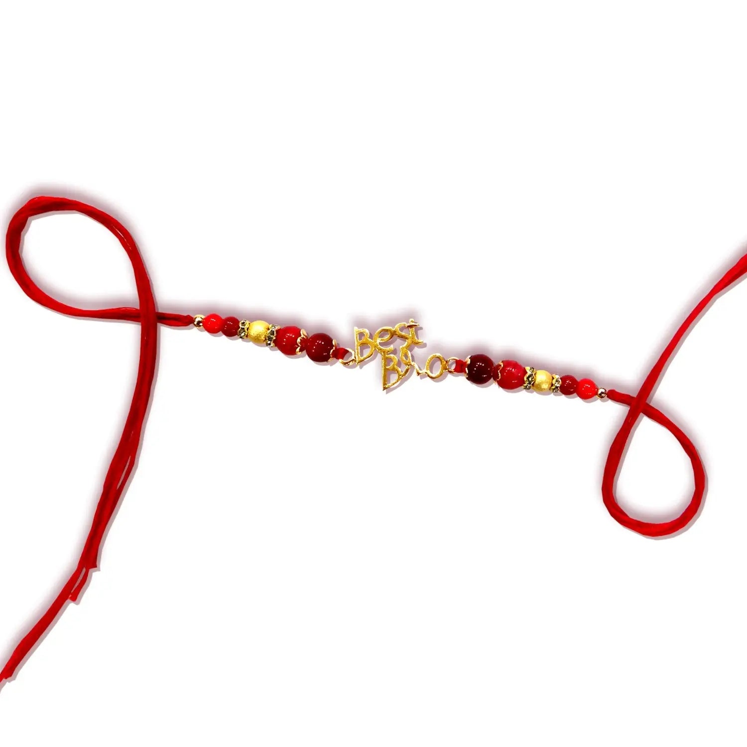 Red beaded necklace with gold accents on a white background