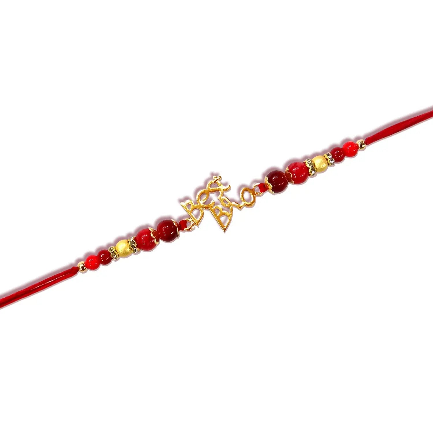 Red and gold beaded necklace with a decorative clasp on a white background