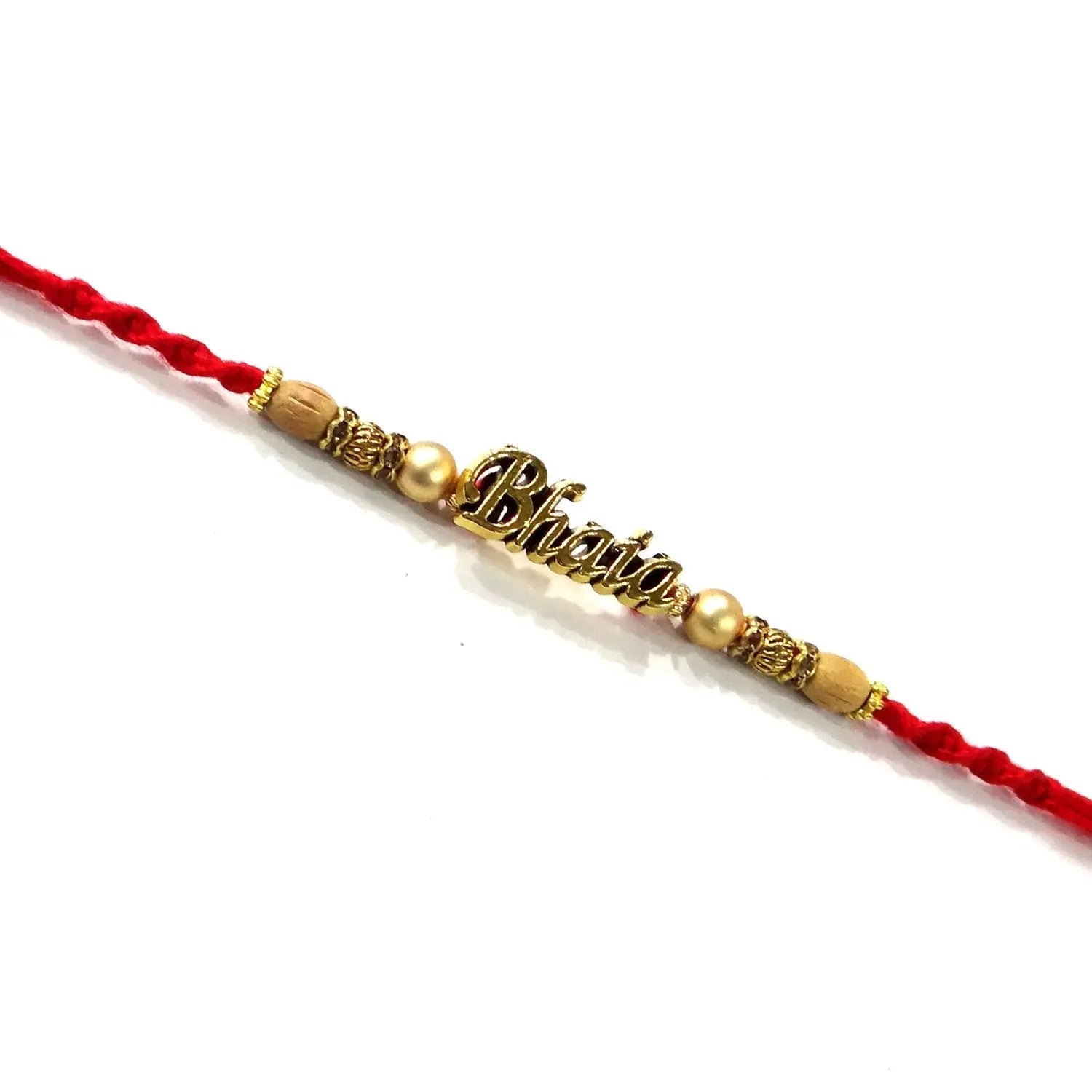 Red thread bracelet with gold beads and 'Bhola' inscription on a white background