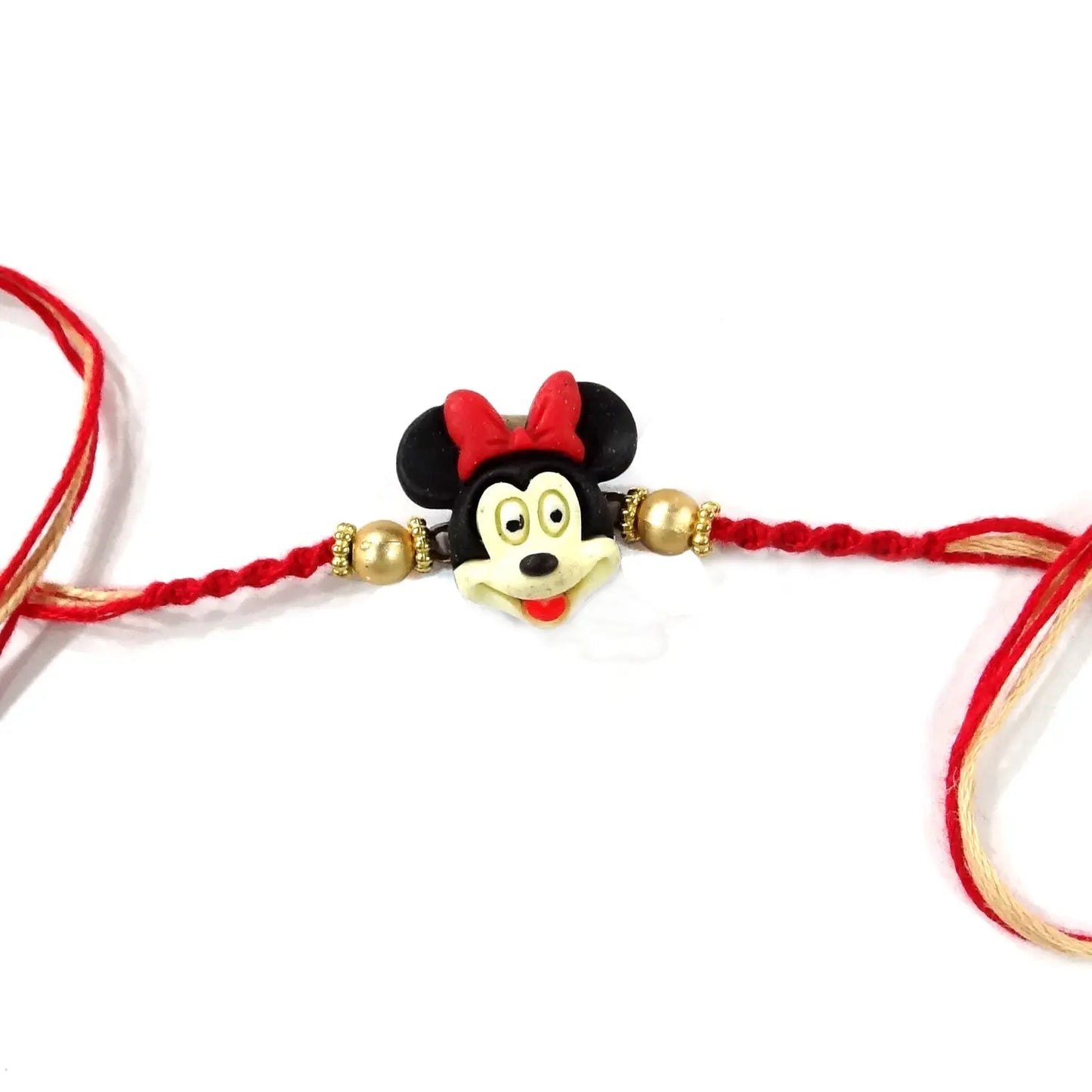 Mickey Mouse-themed bracelet with red and gold strings on a white background