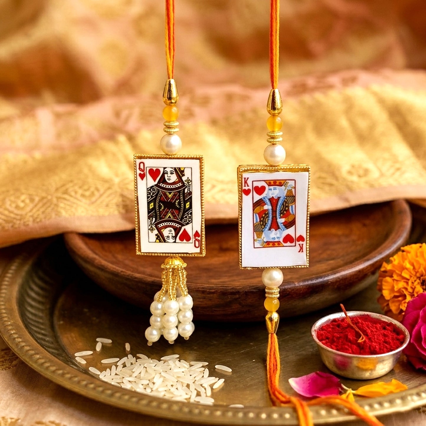 Elegant Badshah Queen Playing Card Bhaiya Bhabhi Lumba Rakhi Set with Pearl Tassels By Upharkaro